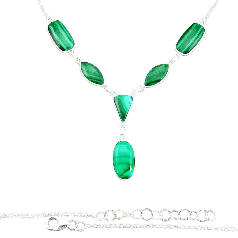 44.95 Carat Natural Green Oval Malachite Gemstone 925 Sterling Silver Necklace